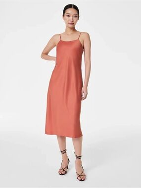 SPANX Carefree Crepe Reversible Slip Midi Dress Coral Orange Sedona XL Satin